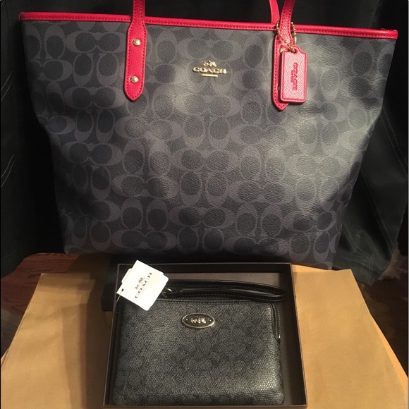 Coach Handbags - Coach signature blue denim red tote+wallet SET